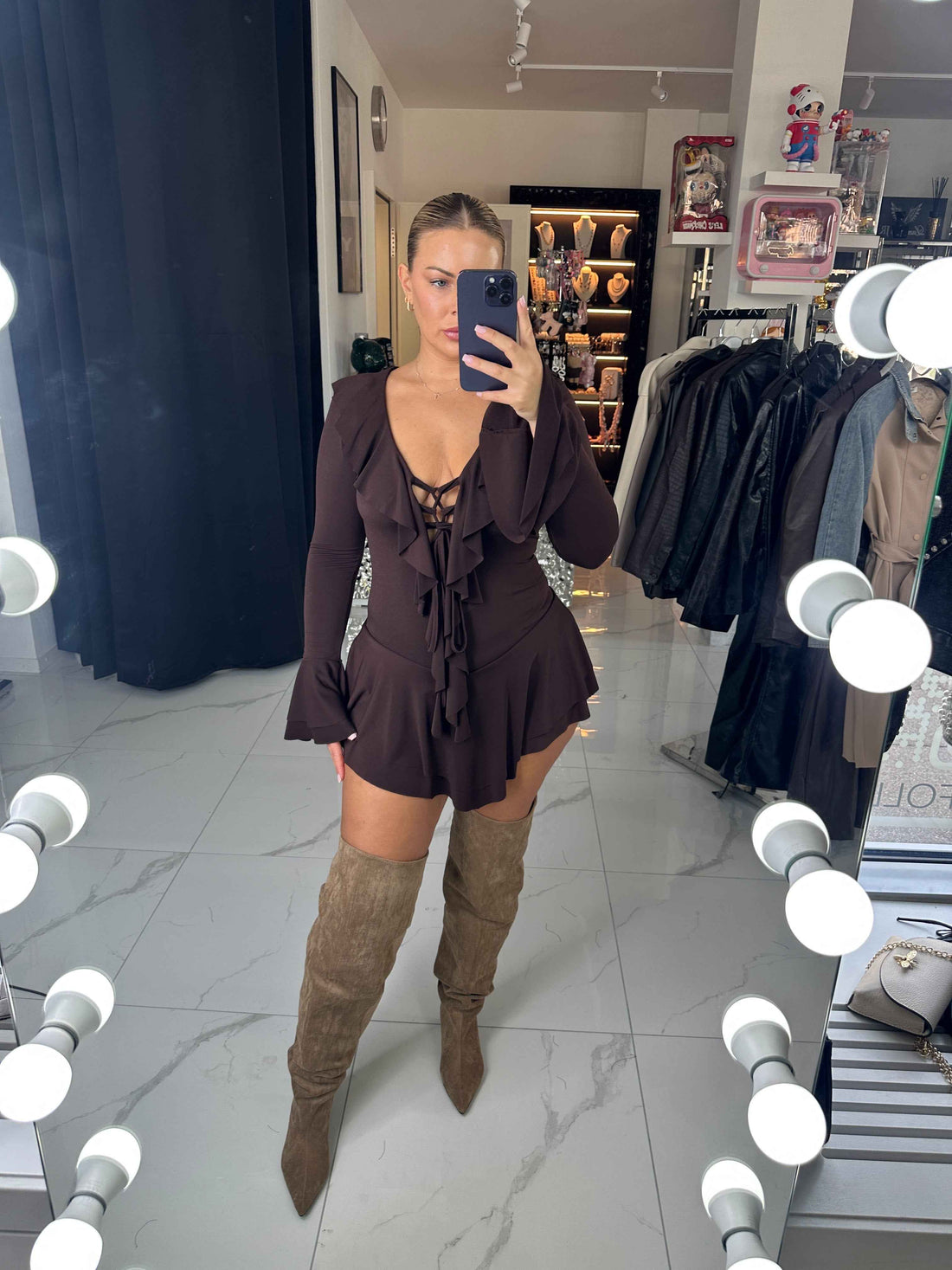 SORAYA BROWN RUFFLE OVERALL