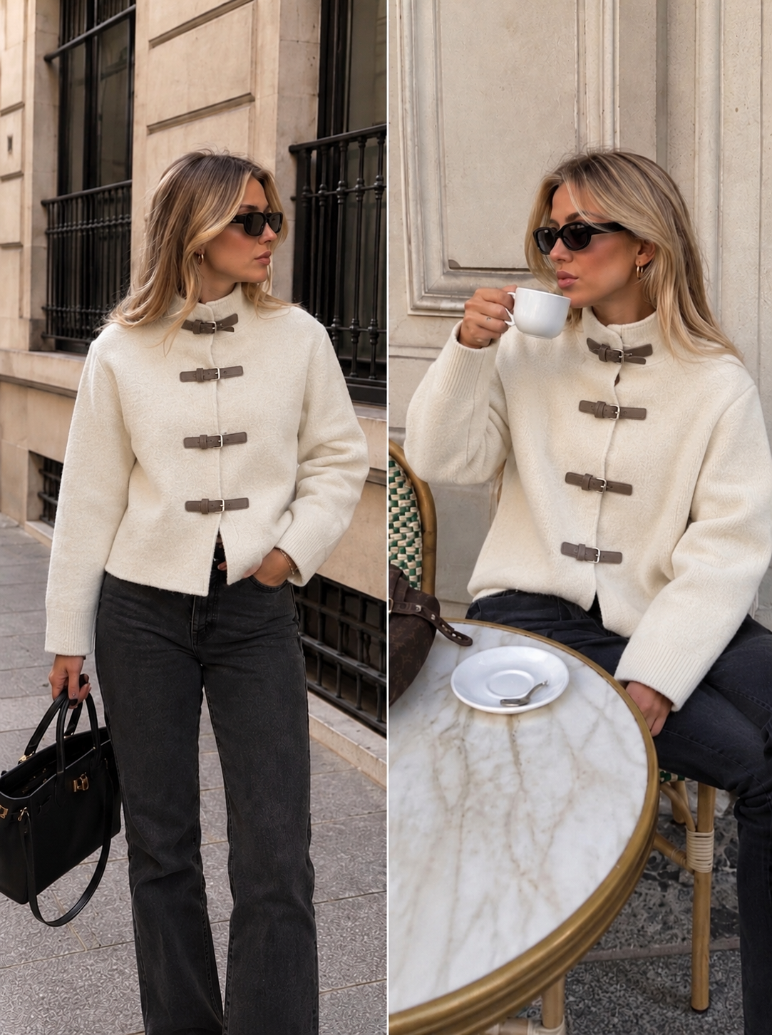 LIVIA BEIGE BUCKLE KNIT JACKET – Creme/Weiss