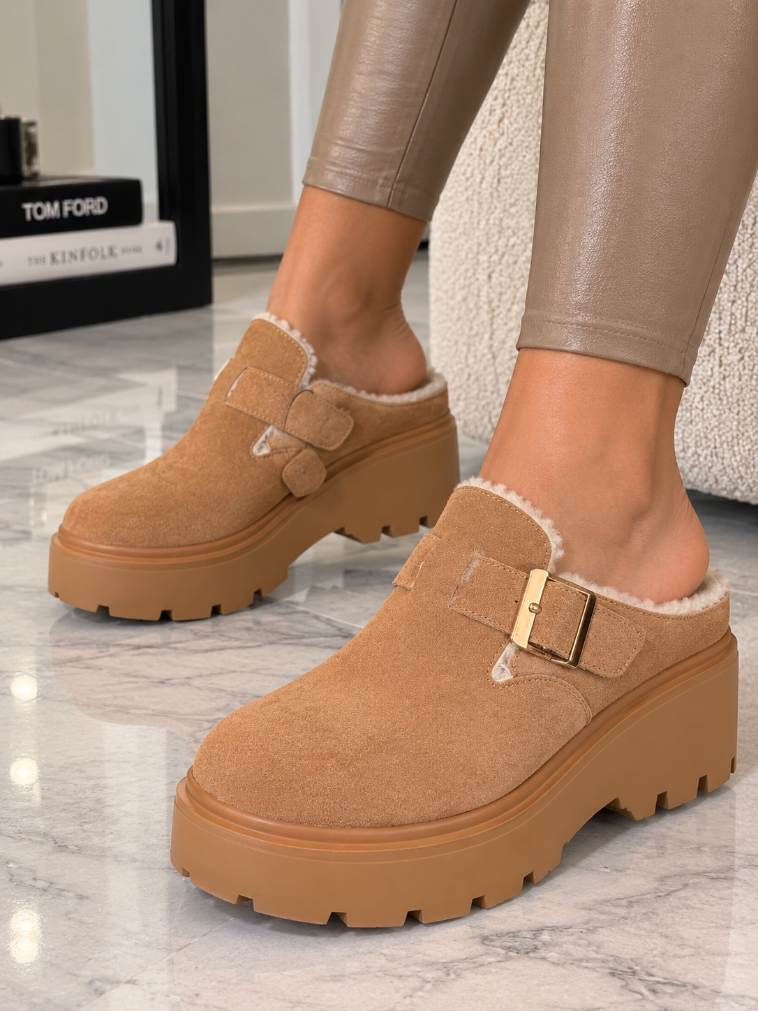 SAVANNA BUCKLE PLATFORM SHOES – Beige