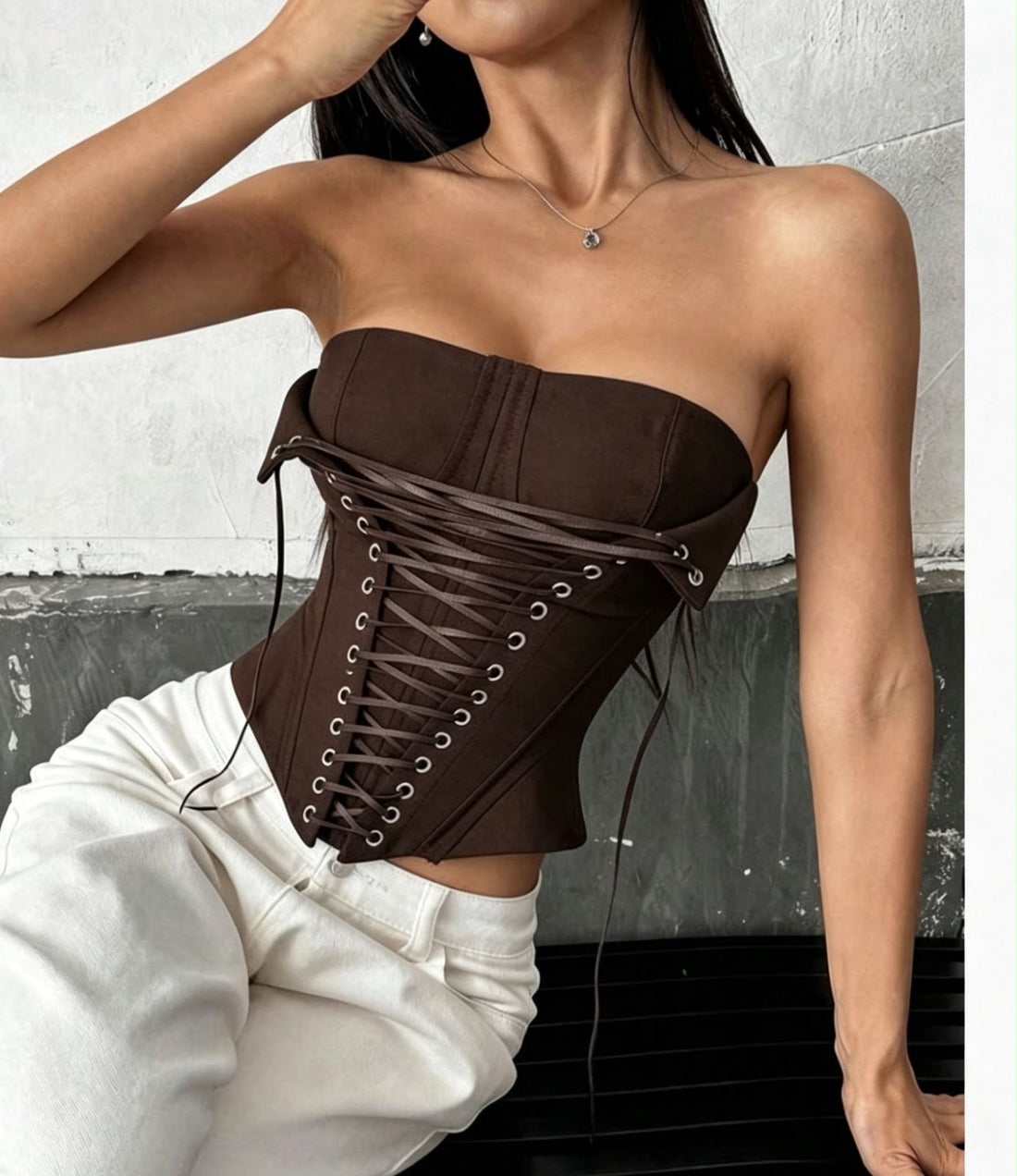 MALIA BROWN LACE-UP CORSET TOP – Braun