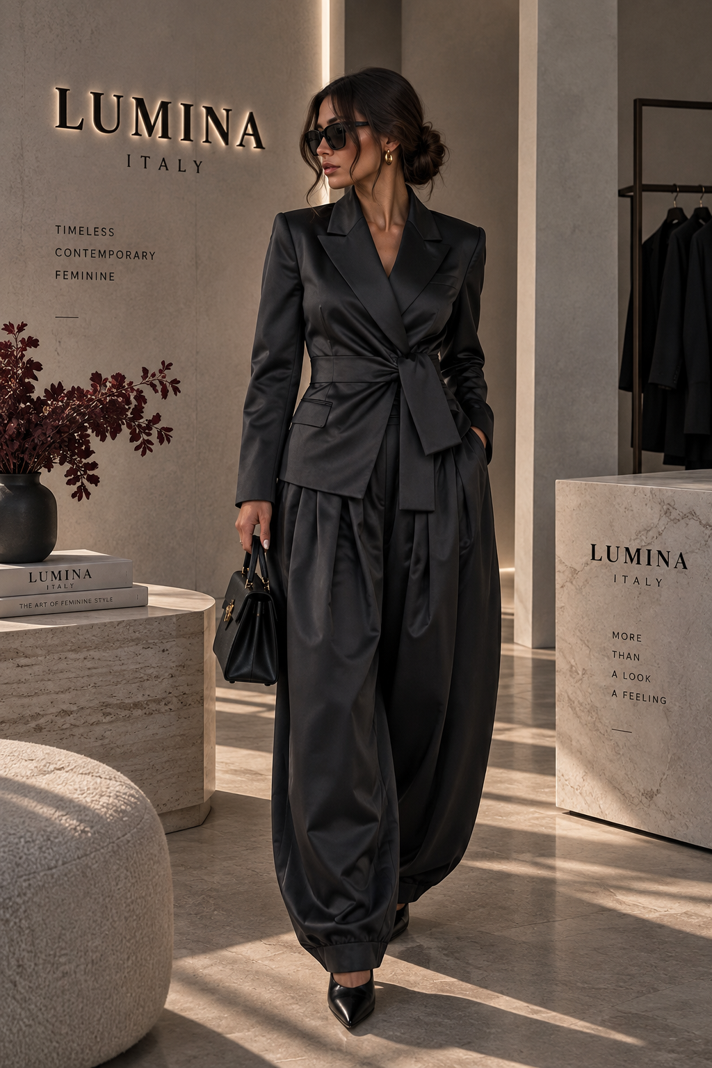 AMALIA BLACK SATIN TWO-PIECE SET – Schwarz
