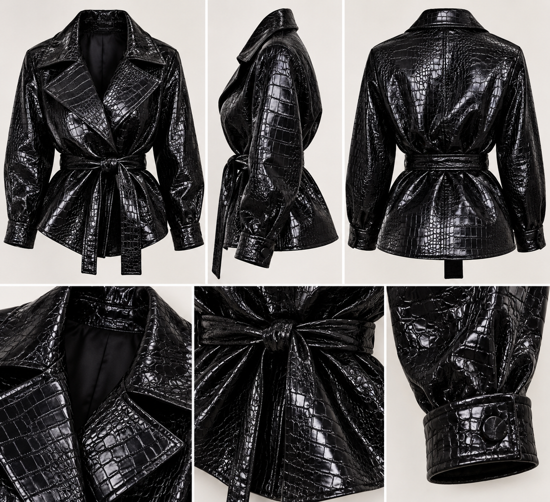 Black Croc Embossed Belted Leather Jacket