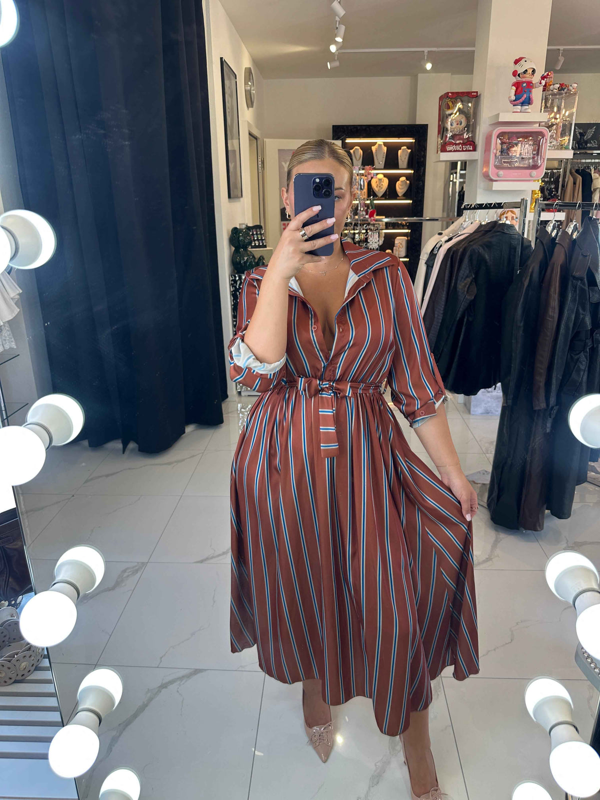 LIA RUST STRIPED MIDI DRESS