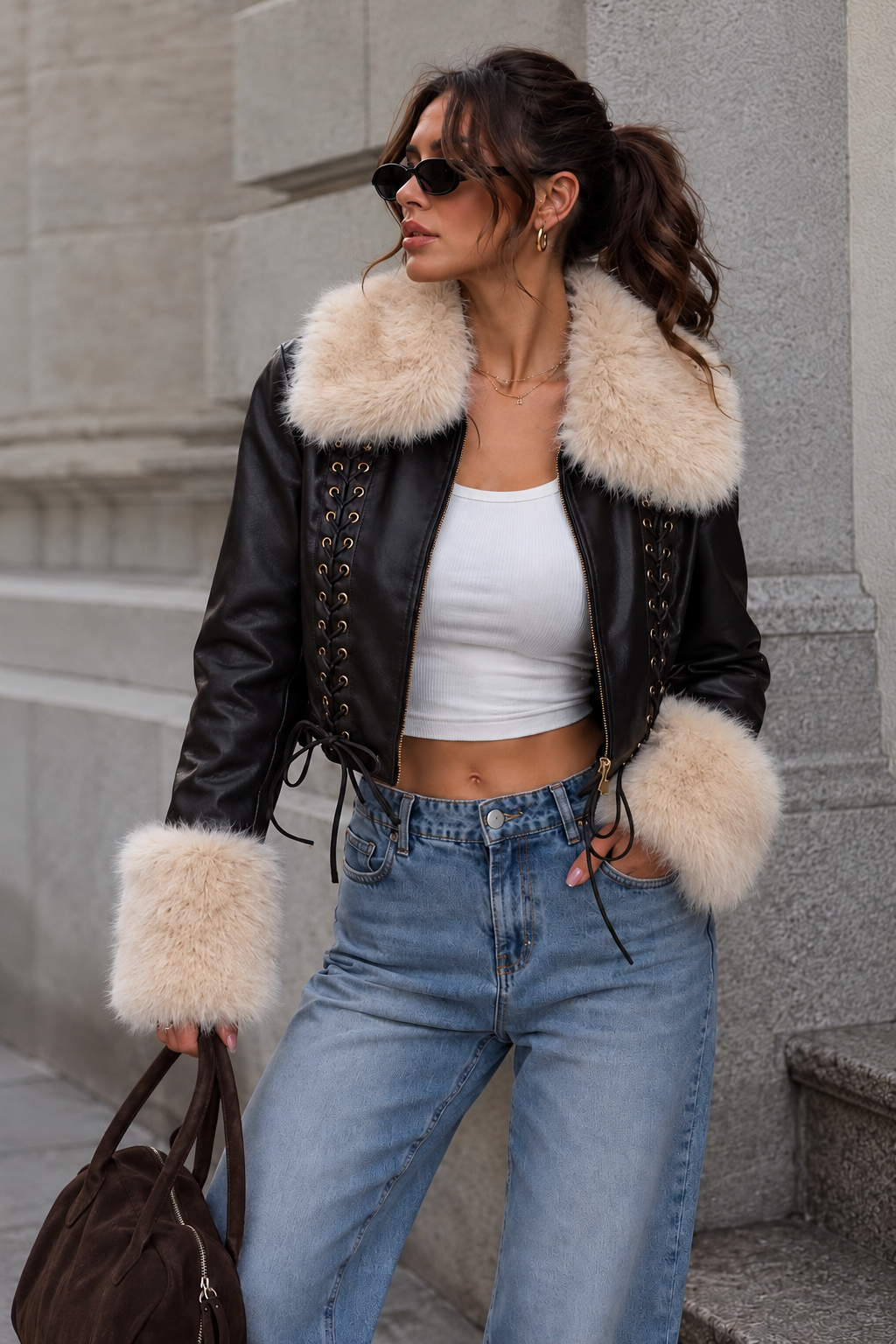 Black Faux Leather Fur Collar Jacket – Schwarz