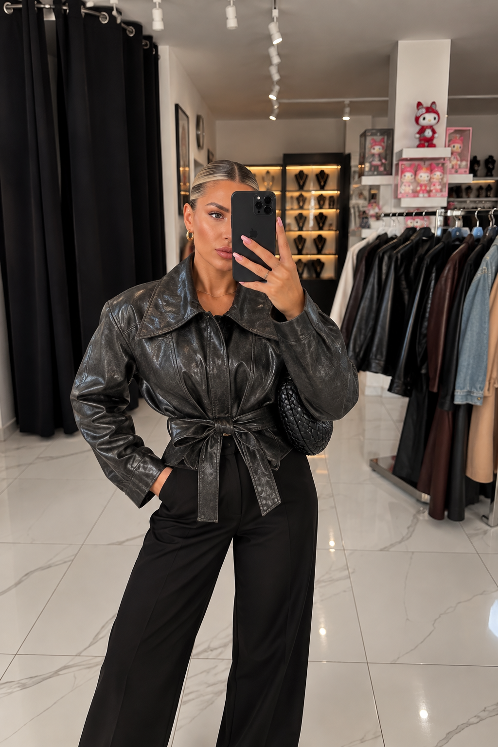 NADIRA LEATHER BELTED JACKET – Grau