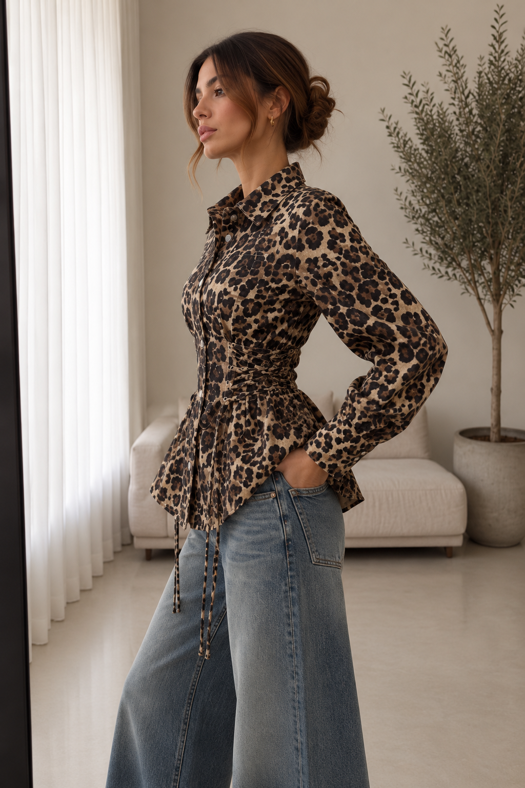 KIARA LEOPARD LACE-UP BLOUSE