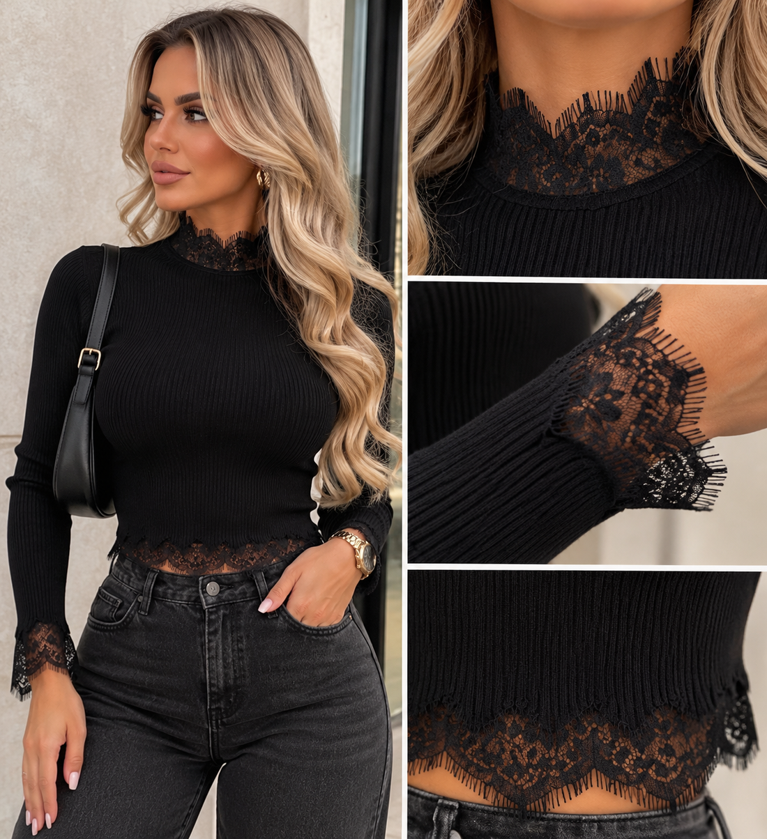 Elea Lace Knit Top – Schwarz