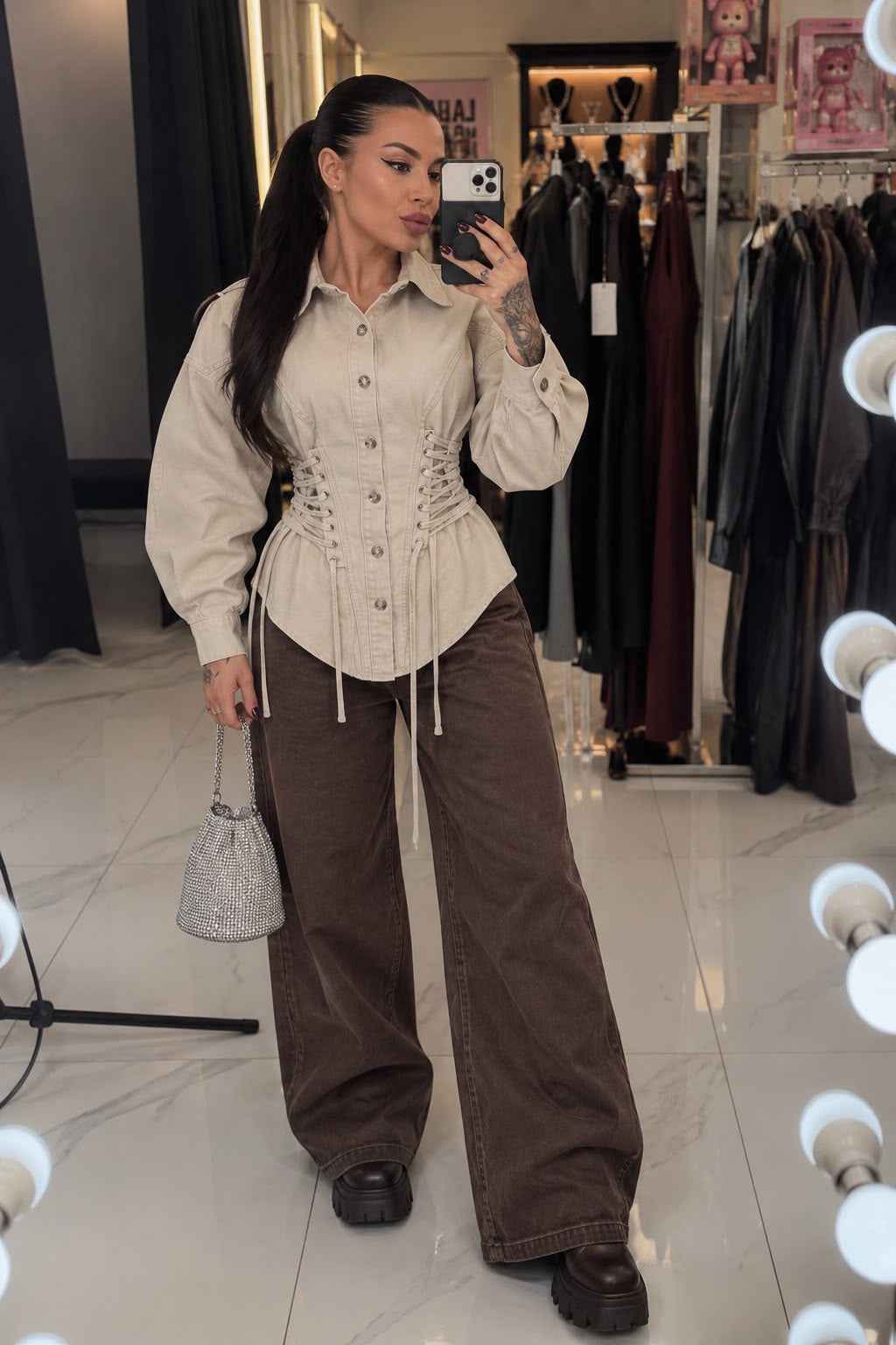 ELINA LACE-UP BLOUSE – Beige