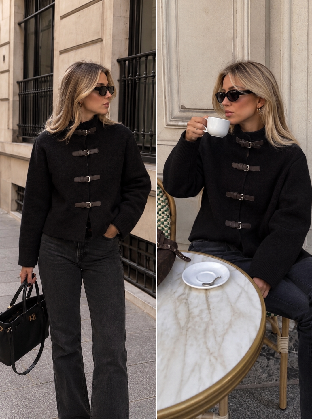 LIVIA BEIGE BUCKLE KNIT JACKET – Schwarz