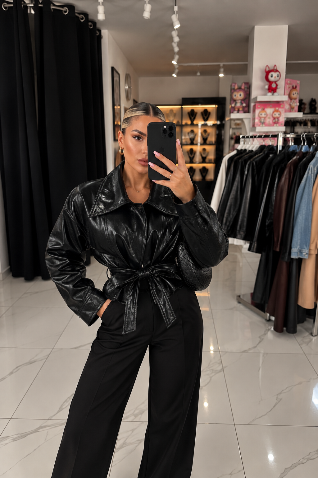 NADIRA LEATHER BELTED JACKET – Schwarz