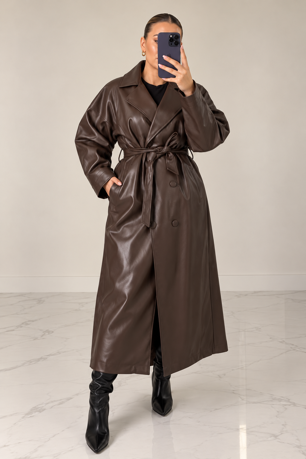 MIRELLA BROWN FAUX LEATHER COAT