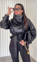 LIVORA BLACK BELTED FAUX LEATHER JACKET