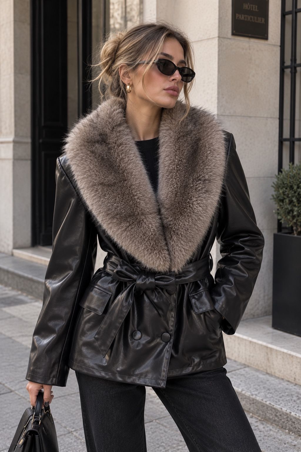 AMINA BLACK FAUX FUR LEATHER JACKET – Schwarz