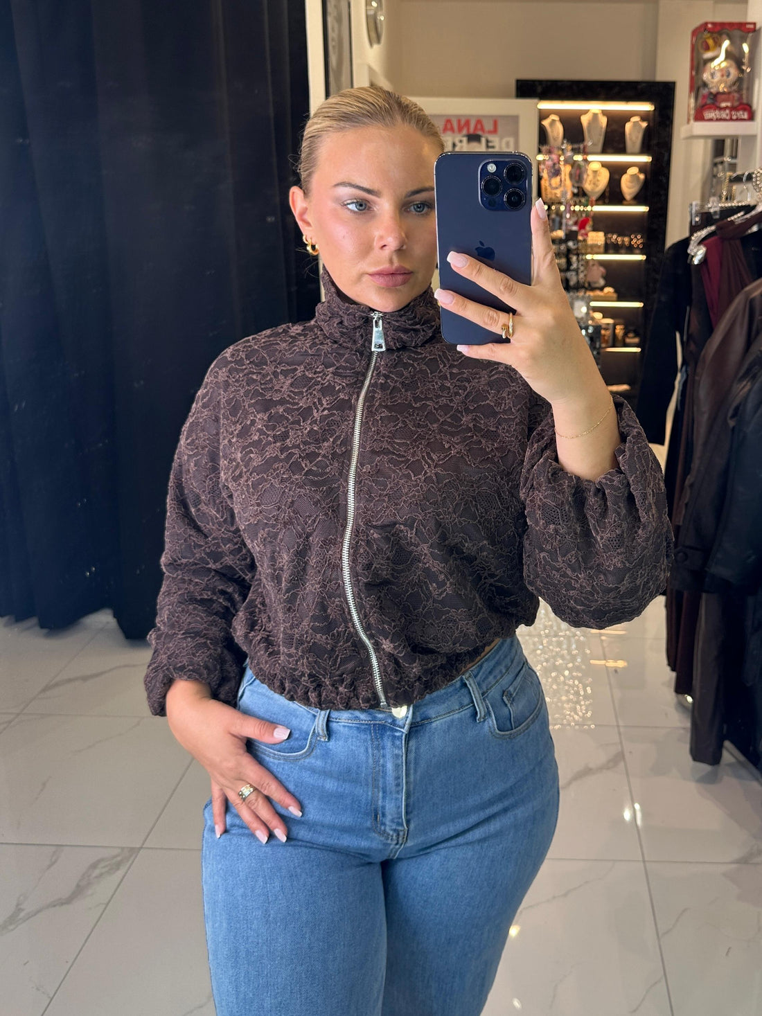 Lace Bomber Jacket – Braun