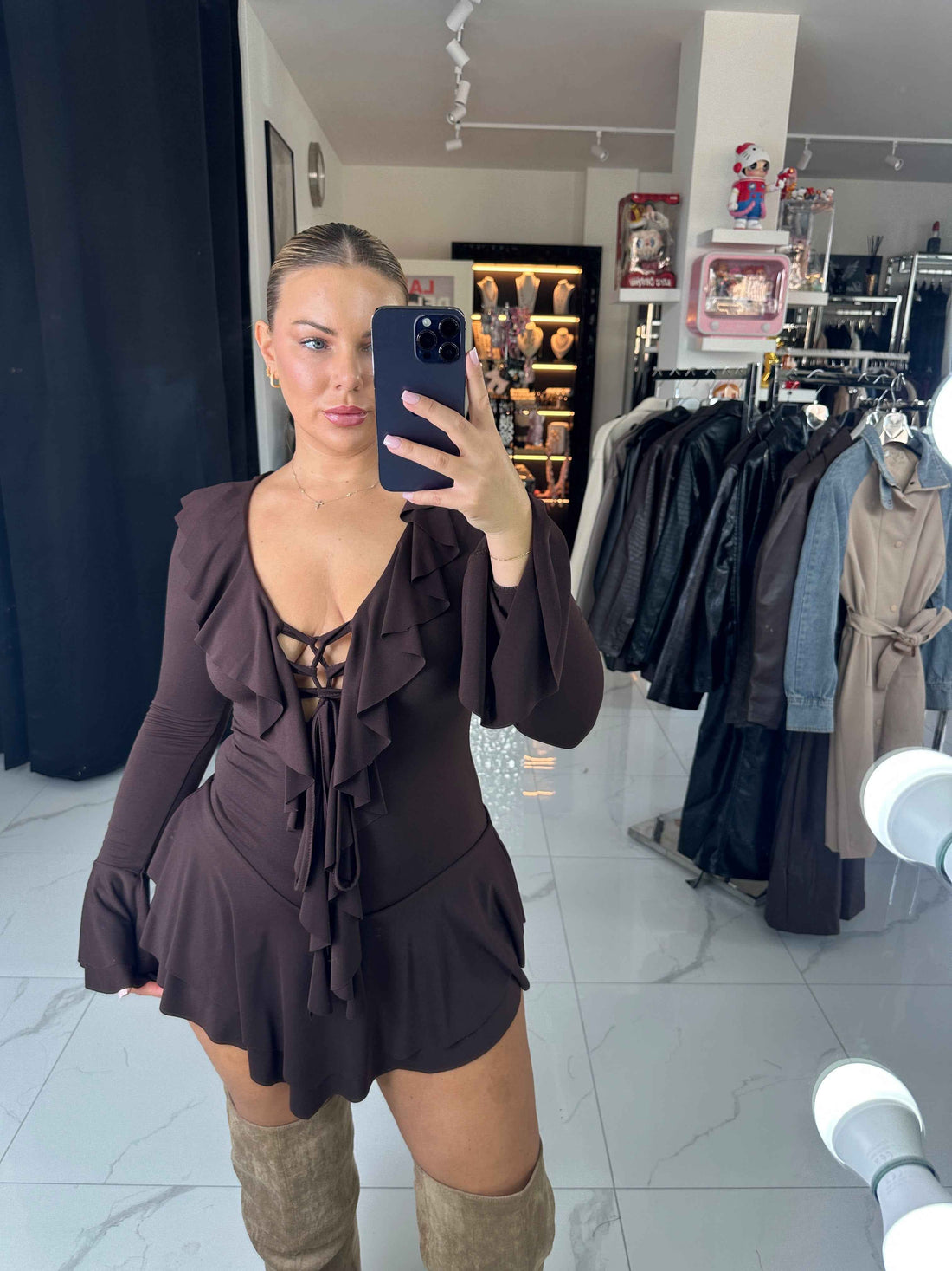 SORAYA BROWN RUFFLE OVERALL