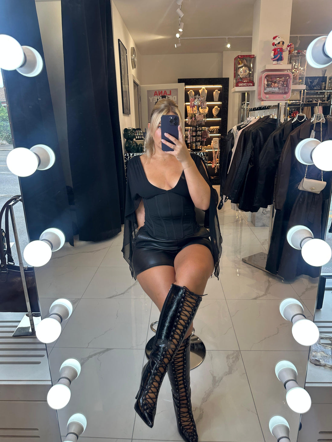 BIANCA BLACK LACE-UP KNEE-HIGH BOOTS