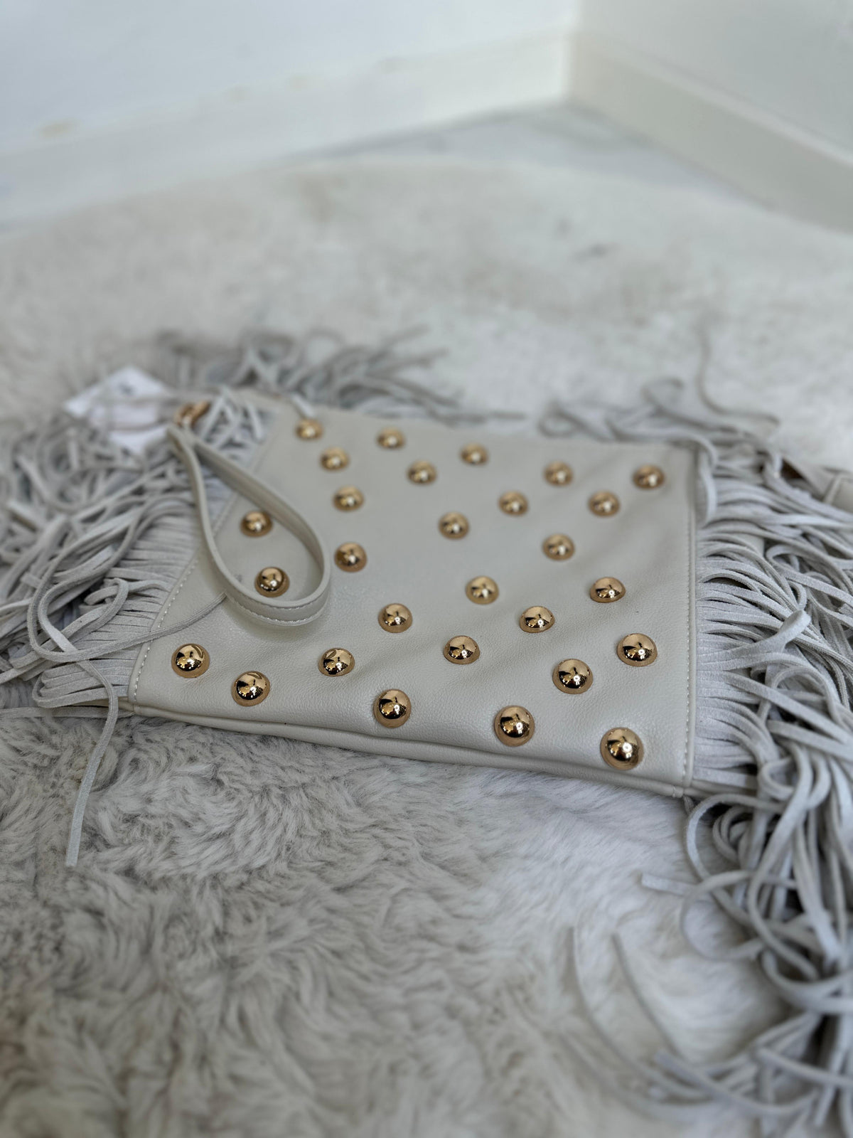 MELINA FRINGE STUD BAG – Beige